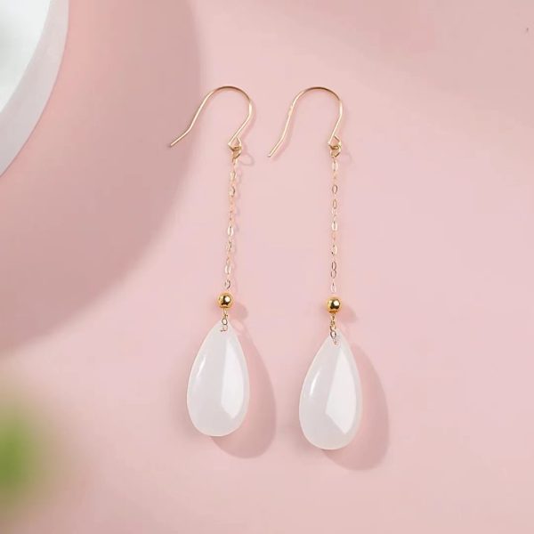 18k gold Hetian jade white jade drop earrings-218 - Image 3